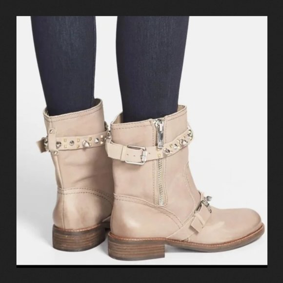size 8.5 SAM EDELMAN Taupe/beige Leather Studded Biker Moto boots - Picture 14 of 15